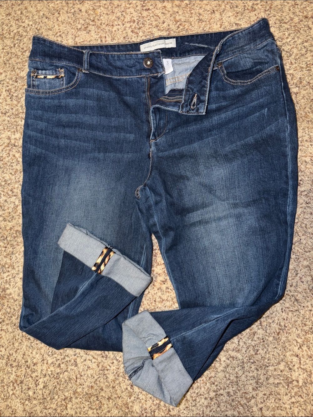 Chico’s 3 Platinum Denim crop capri Dark Jeans leaopard print